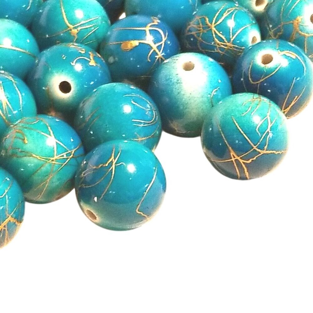 Vintage Turquoise Blue with Gold Swirls 18mm Round Retro Focal Beads 10 pcs